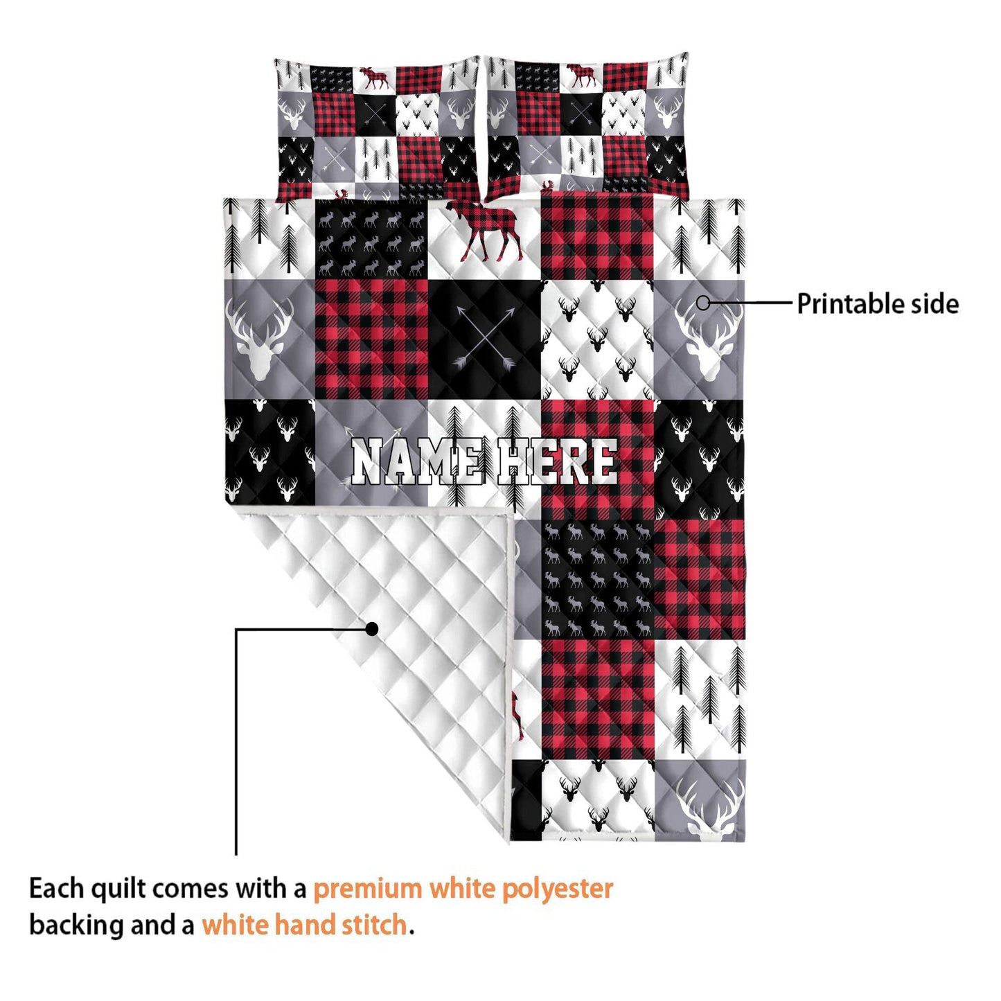 Personalized Christmas Deer Quilt Set, Red Buffalo Plaid Quilt Blanket & Pillowcases, Elk Quilt Bedding Set, Xmas Bedspread, Custom Gifts