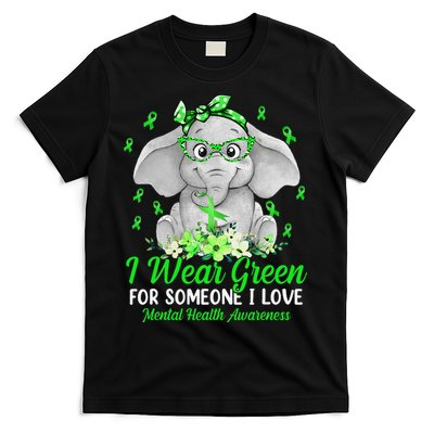 I Wear Green For Mental Health Awareness Ribbon Elephant T-Shirt