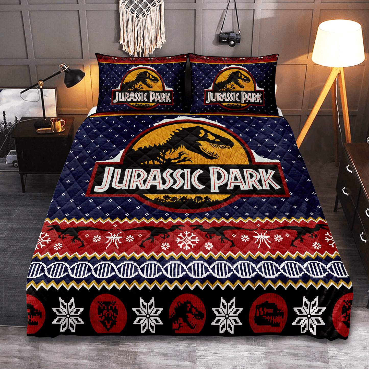 Personalized T-rex Dinosaur Jurassic Park Christmas 3-pc Quilt Bedding Set