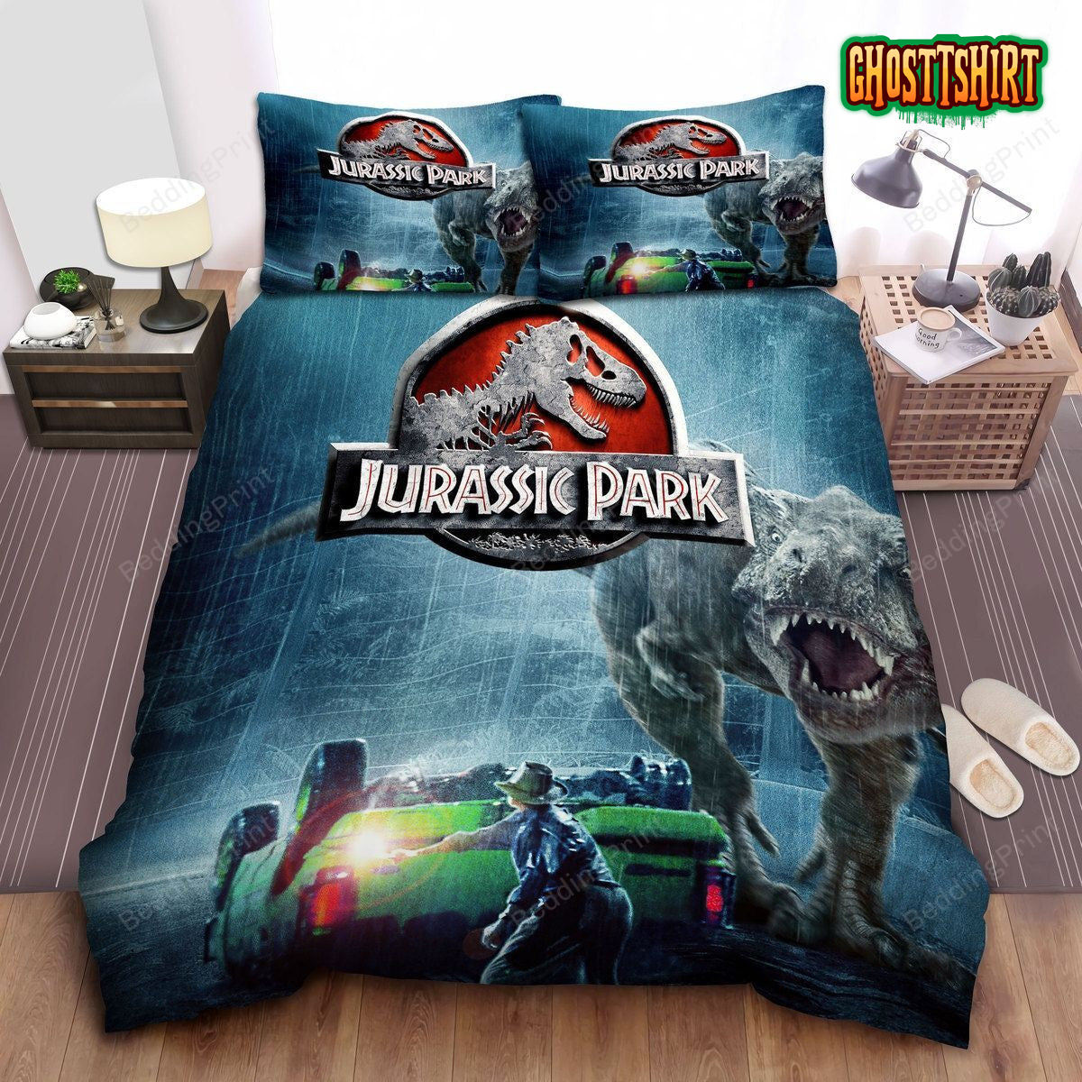 Jurassic Park T-Rex Hunting Illustration Bed Sheets Duvet Cover Bedding Set