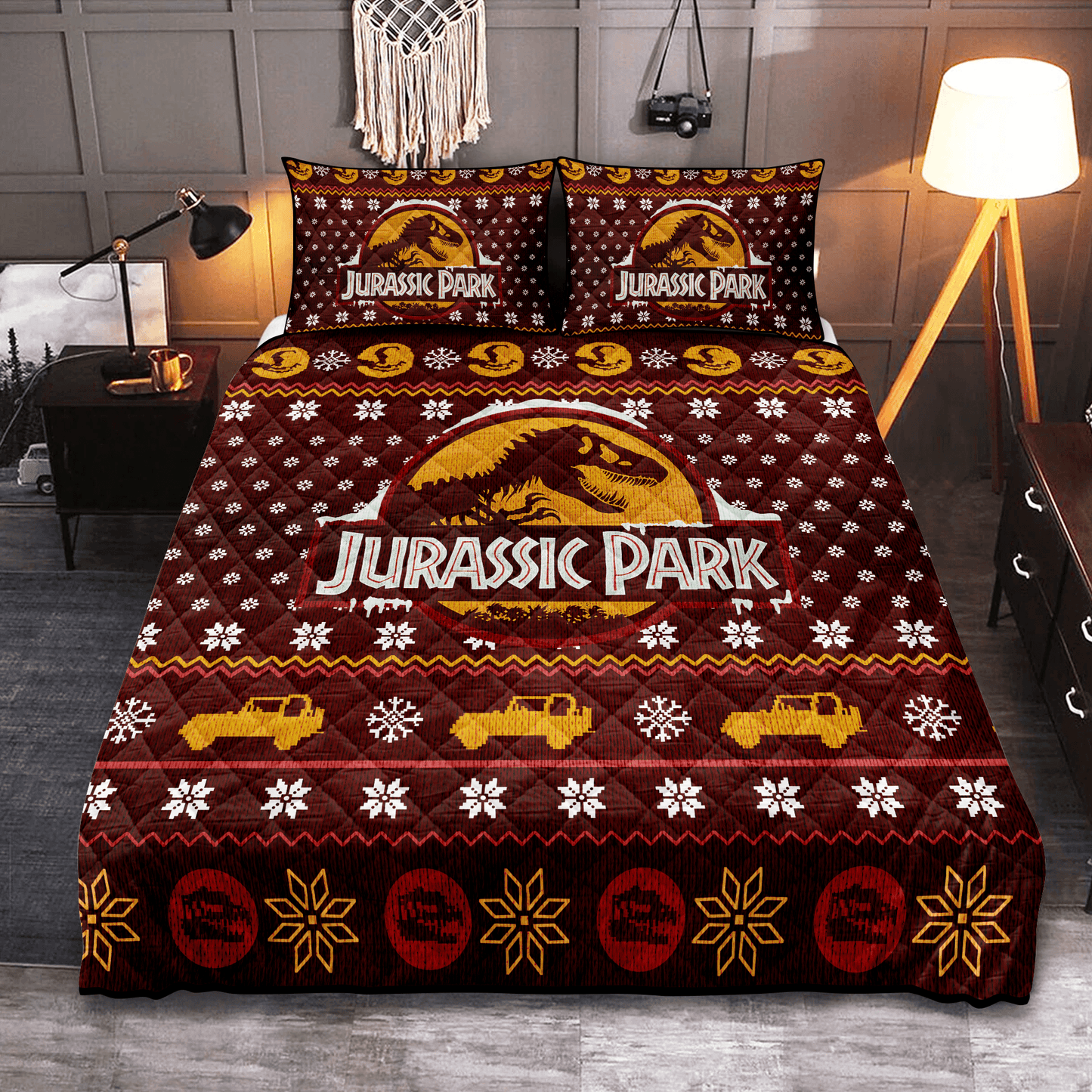 Personalized Jurassic Park T-Rex Quilt Christmas Bedding Set Jurassic