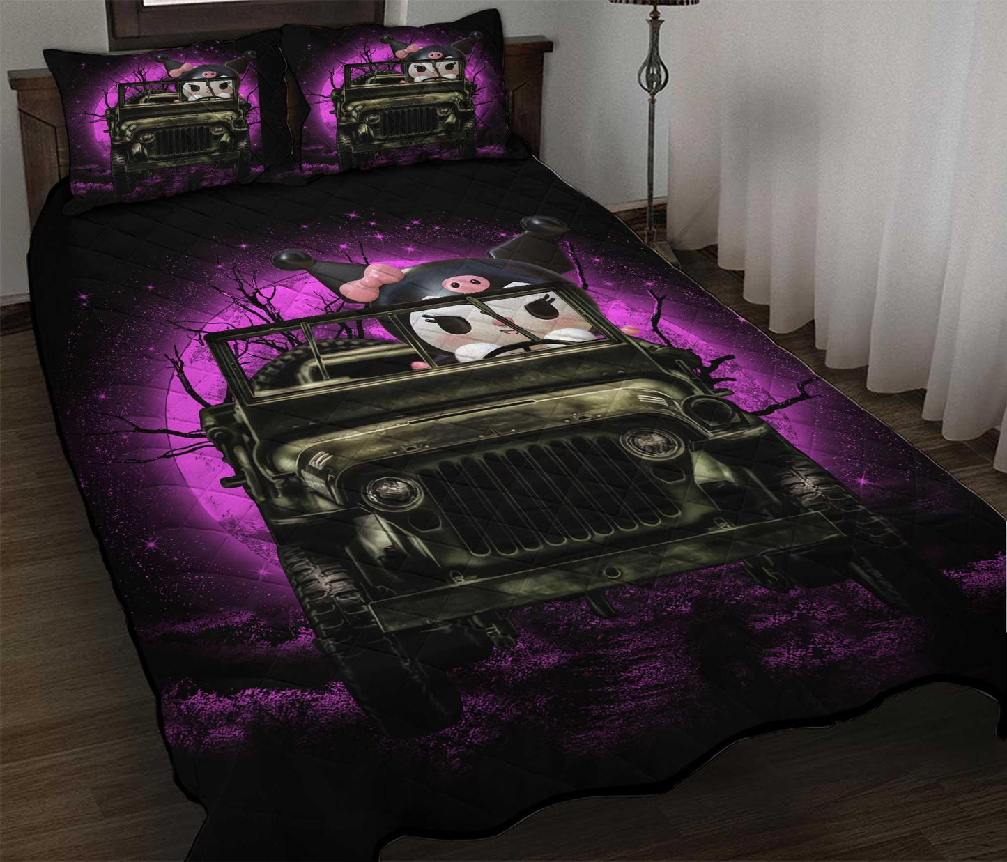 Personalized Kuromi Funny Halloween Bedding Moonlight Cozy 3-pc Quilt Bedding Set