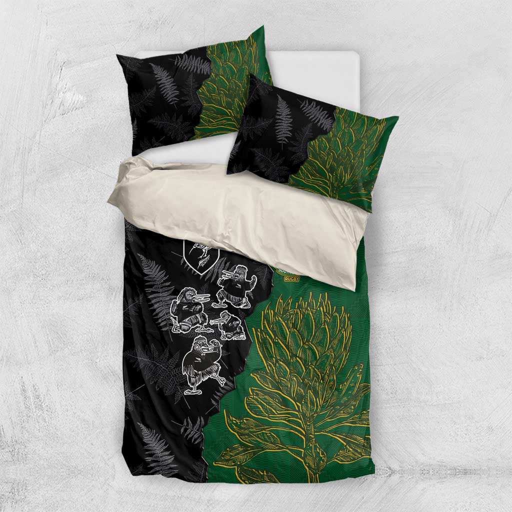 Aotearoa South Africa Rugby Freedom Cup Bedding Set Kiwi Warriors Haka with King Protea Symbol LT03