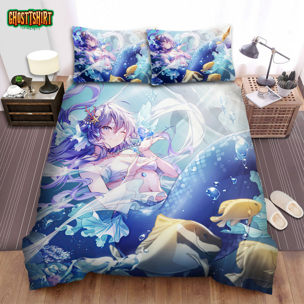 Mermaid Winking Anime Artwork Bed Sheets Spread Duvet Cover Bedding Set