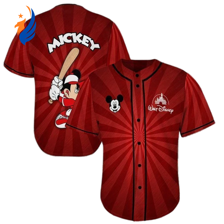 Disney Mickey Player Red Baseball Jersey - Iconic Walt Disney Symbol Shirt - Bafud