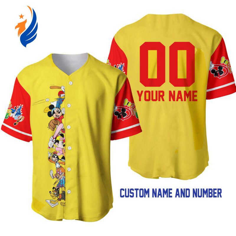 Customized Mickey Minnie & Friends Disney Baseball Jersey – Vibrant Yellow Red Design for Personalization - Bafud