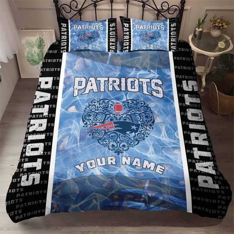 NFL New England Patriots Black Light Blue Heart Custom Name Bedding Set