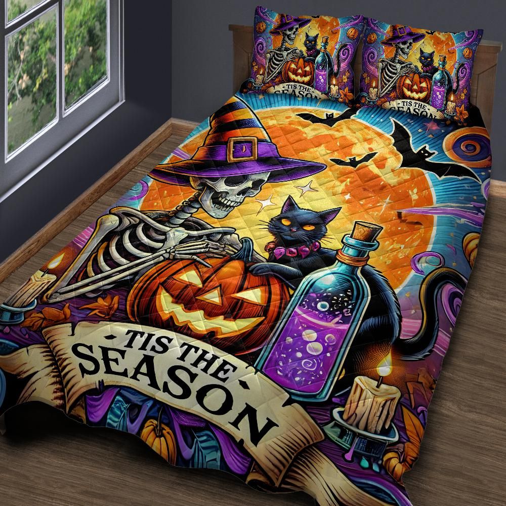 Personalized Skelaton Witch Black Cat Spooky Quilt Bedding Set 3-Pc for Halloween