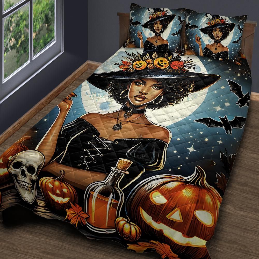 Personalized Halloween Moon Witch Quilt Bedding Set 3-Pc for Witchcraft Home Decor