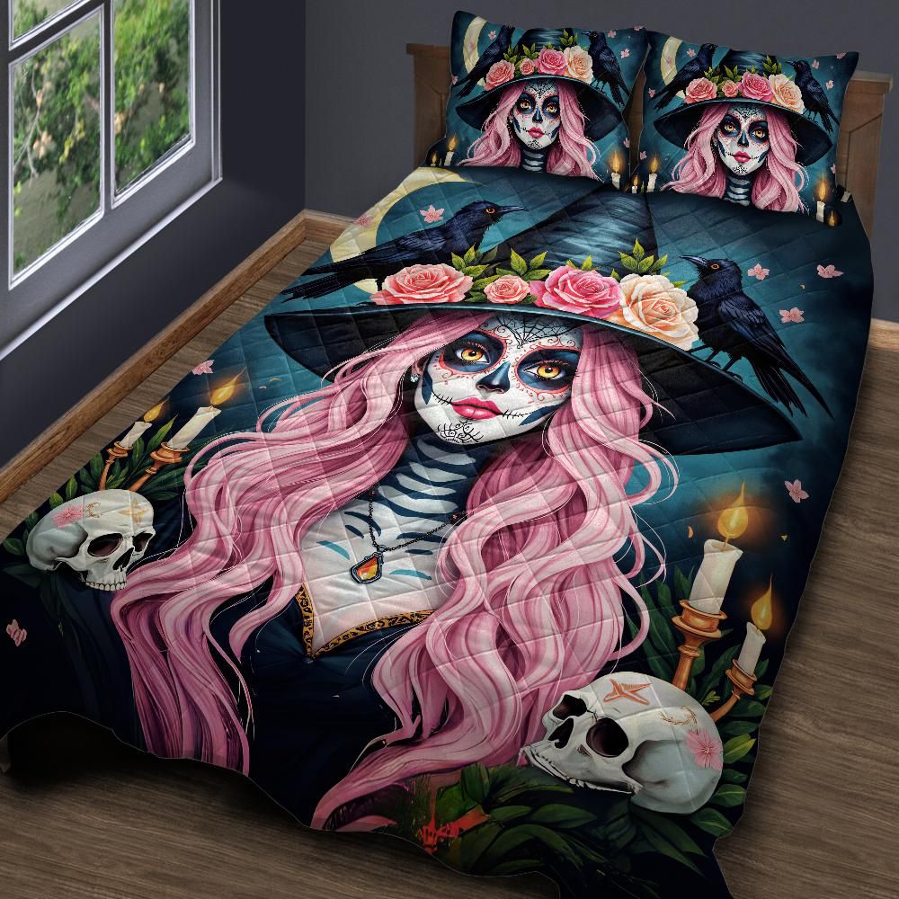 Personalized Gothic Skull Witch and Black Raven Halloween Quilt Bedding Set 3-Pc