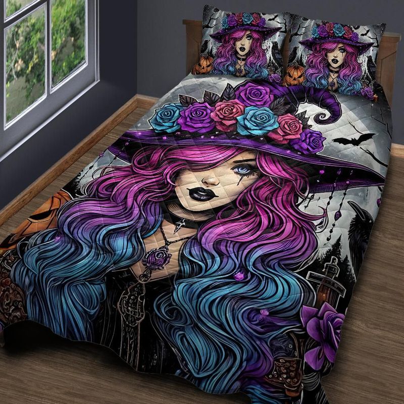 Personalized Gothic Witch Halloween Quilt Bedding Set 3-Pc