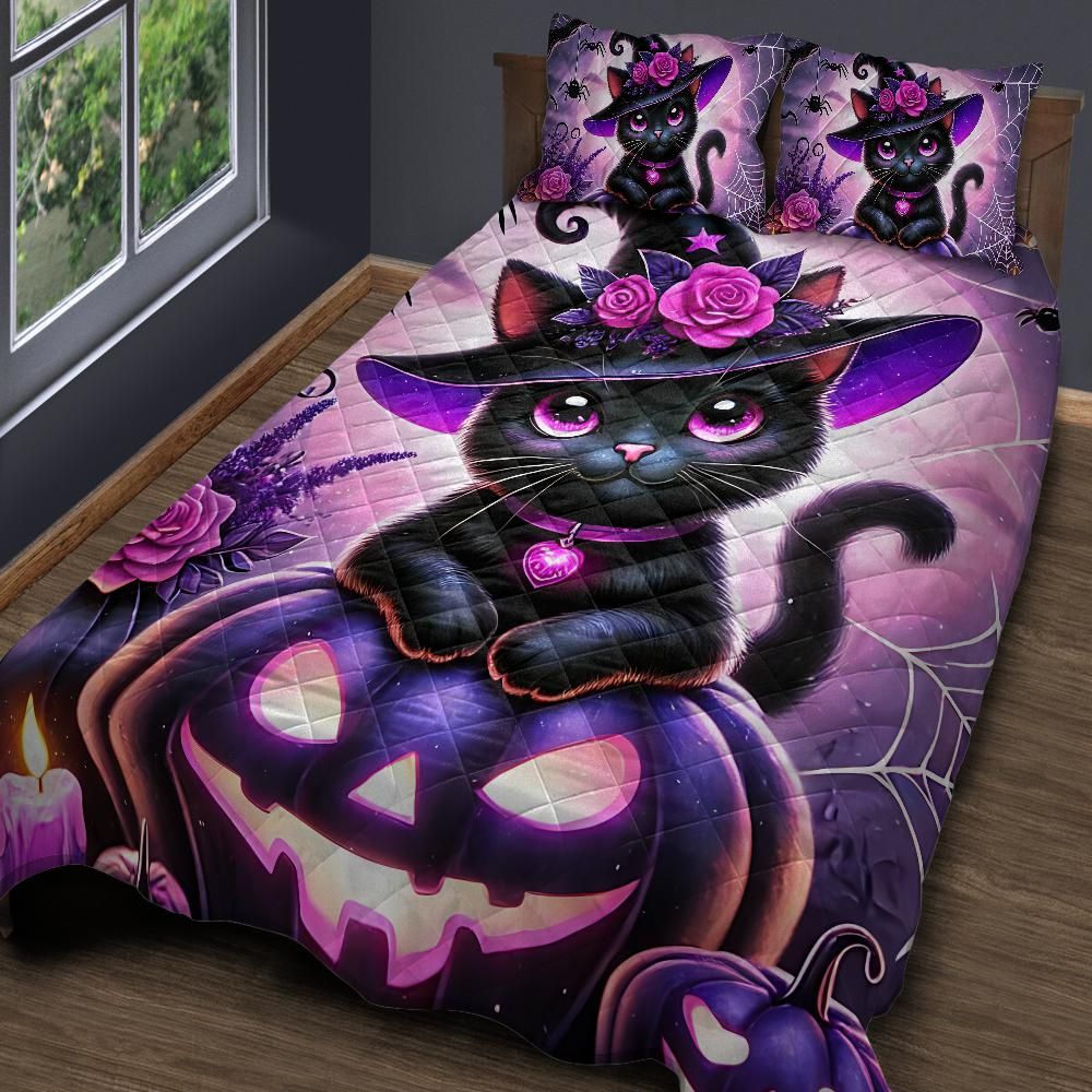 Personalized Cute Kitten Witchy Cat Quilt Bedding Set 3-Pc for Halloween