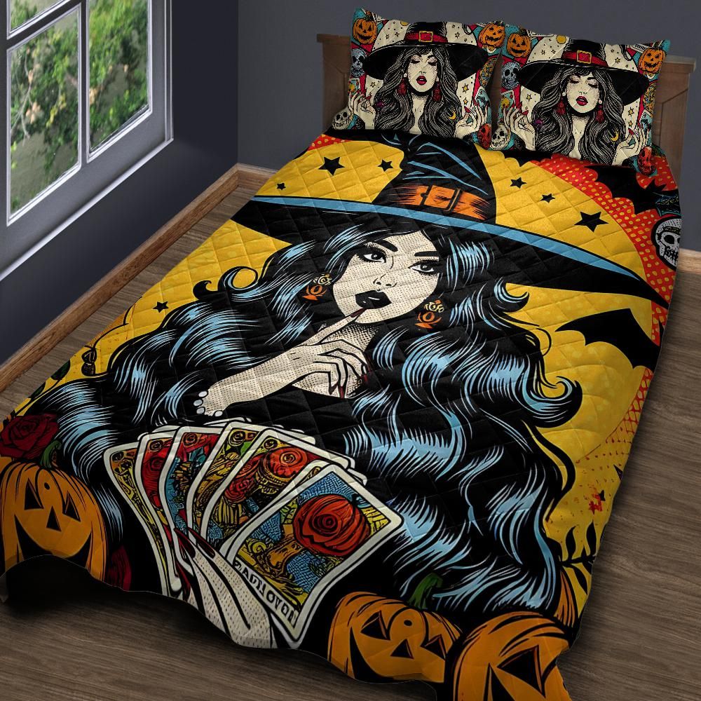 Personalized Retro Witch Quilt Bedding Set 3-Pc for Halloween Decor