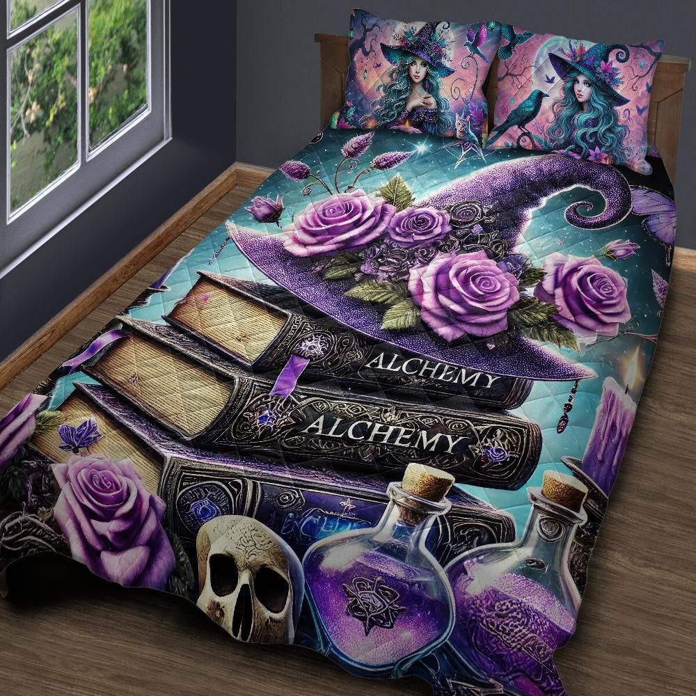 Personalized Gothic Spellbook Witchy Quilt Bedding Set 3-Pc for Halloween Home Decor