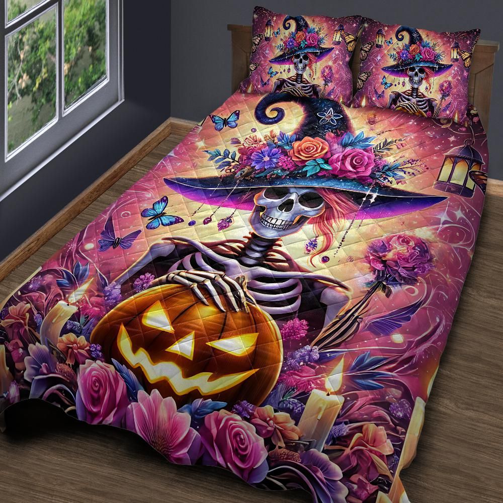 Personalized Skelaton Witch Quilt Bedding Set 3-Pc for Halloween