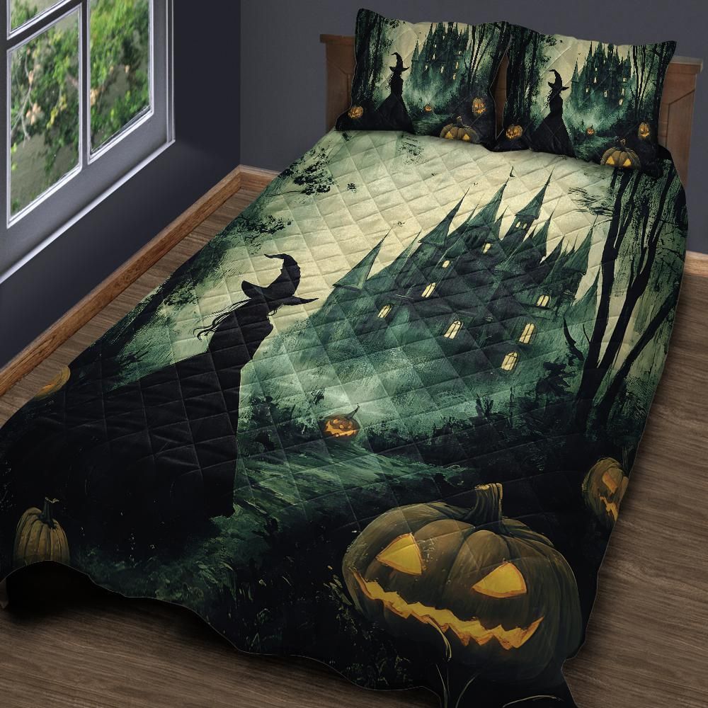 Personalized Gothic Witch and Halloween Castle Quilt Bedding Set 3-Pc