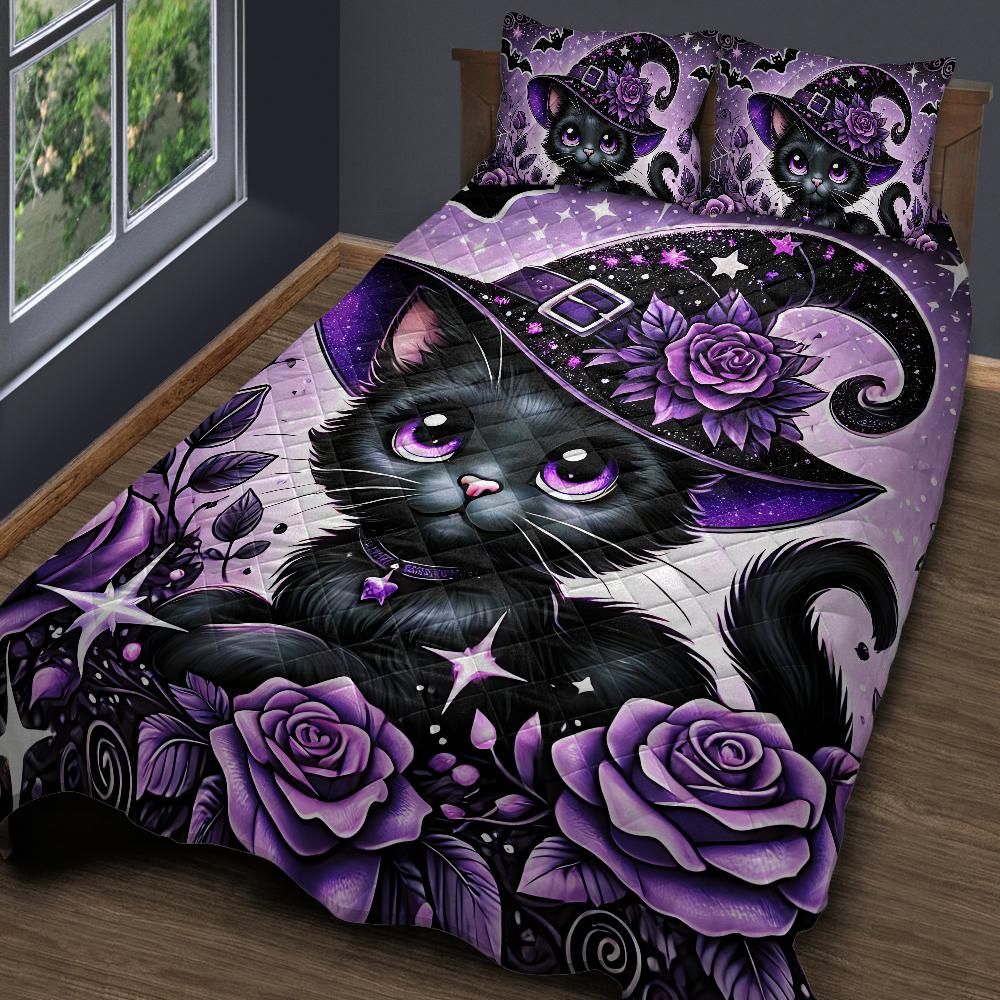Personalized Cute Kitten Black Cat Witchy Quilt Bedding Set 3-Pc for Halloween