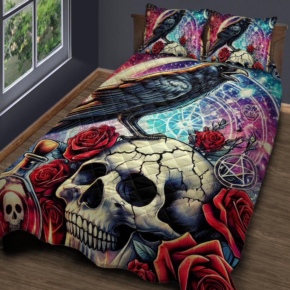 Personalized Gothic Skull Raven Quilt Bedding Set 3-Pc for Halloween Witch Decor
