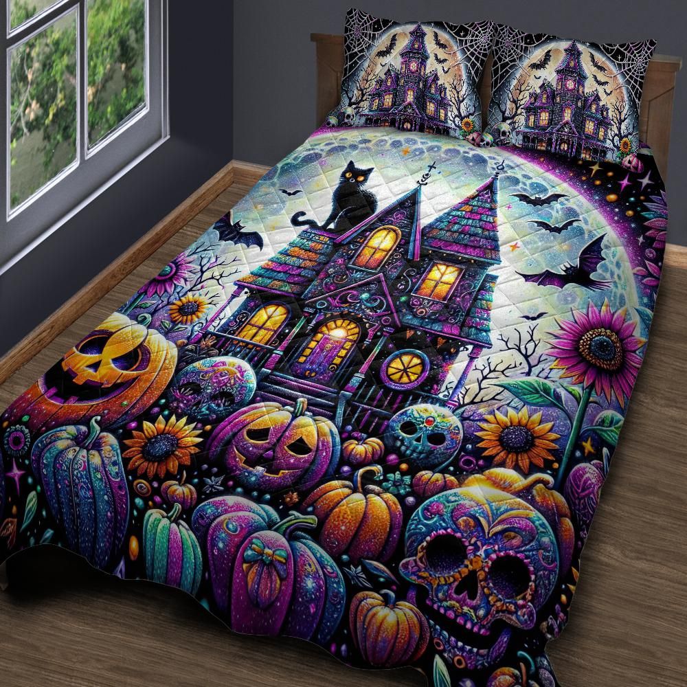 Personalized Vibrant Gothic Castle Quilt Bedding Set 3-Pc for Halloween