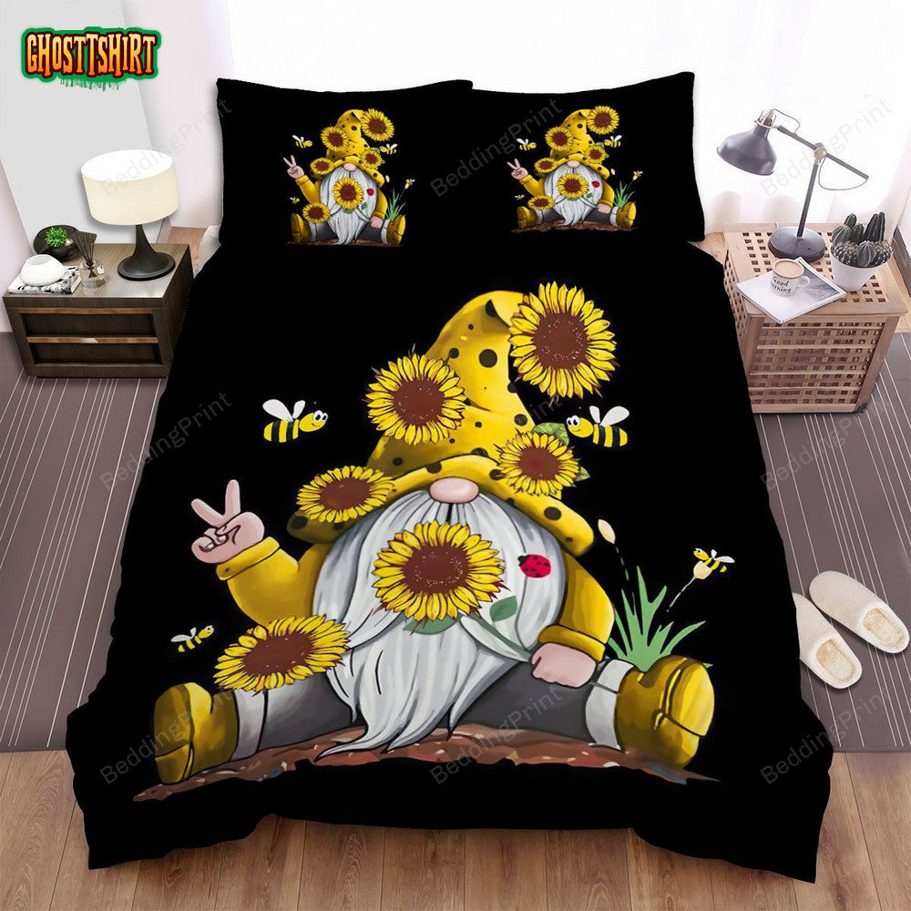 Sunflower Yellow Hippie Gnome Bees Bed Sheets Duvet Cover Bedding Set