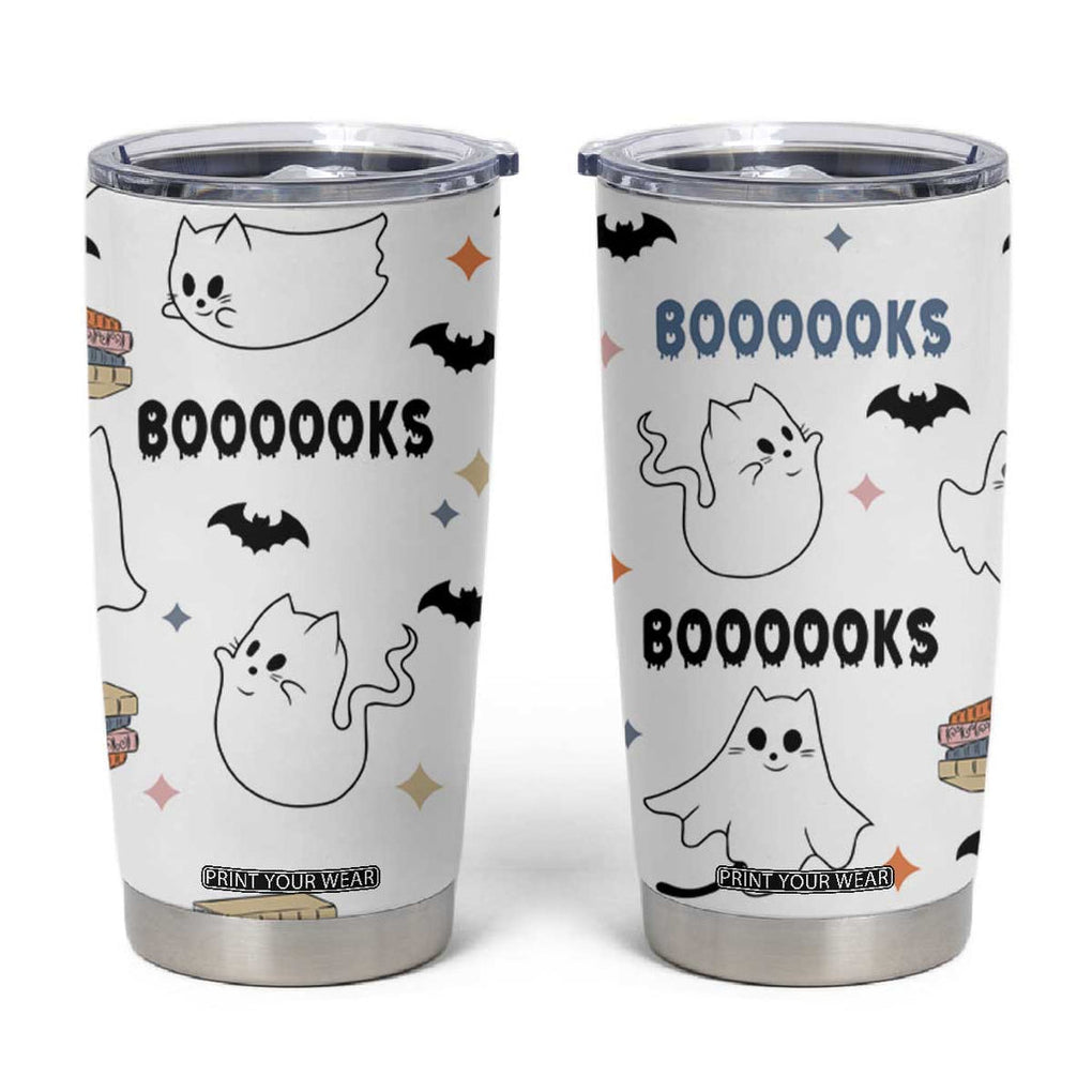 Cute Ghost Cat Reading Tumbler Cup Funny Reader Halloween Bookish Cat Mom Gift TB10