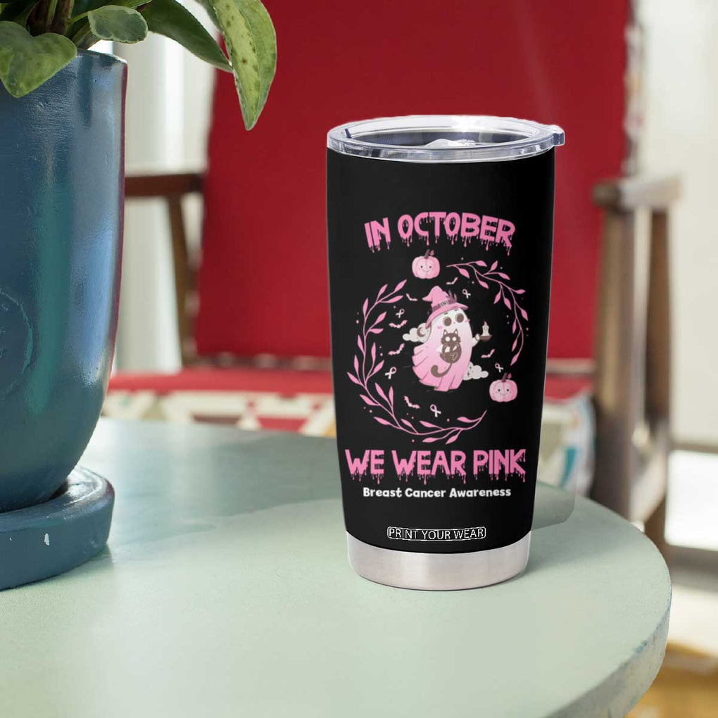 Cute Ghost Halloween Breast Cancer Awareness Tumbler Cup In October We Wear Pink TB10