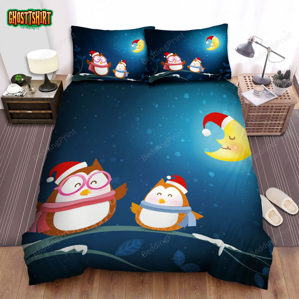 The Cartoon Owl Smiling In Christmas Night Bed Sheets Spread Duvet Cover Bedding Set
