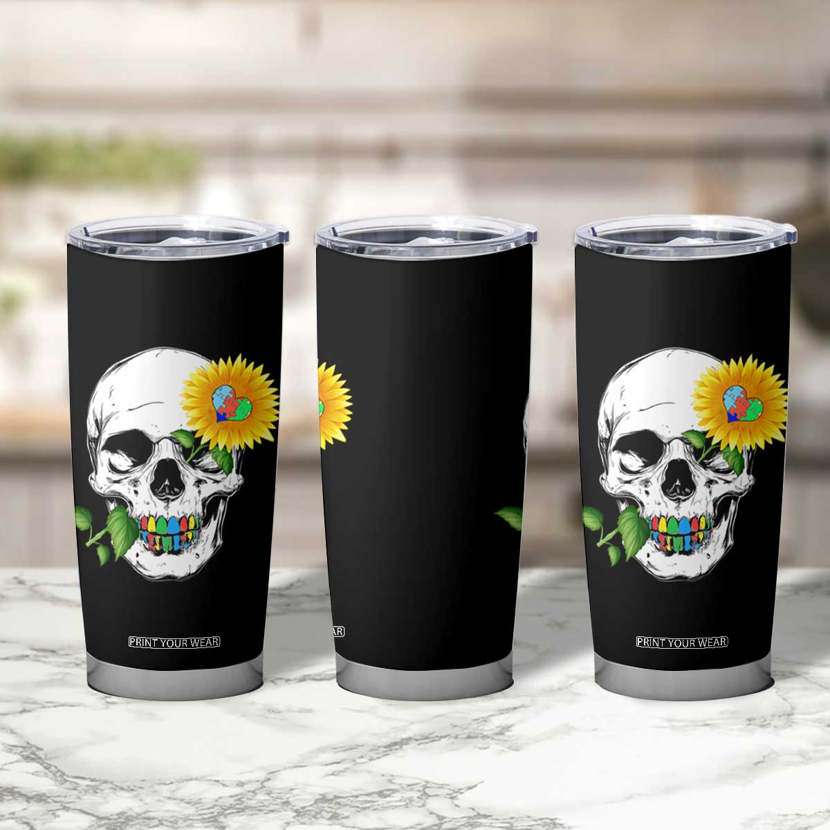 Autism Skull Sunflower Tumbler Cup Support Autistic Puzzle Pieces Heart TS02