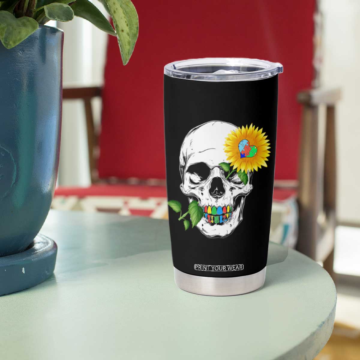 Autism Skull Sunflower Tumbler Cup Support Autistic Puzzle Pieces Heart TS02