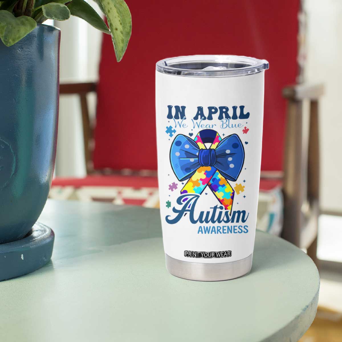 Autism Awareness Tumbler Cup In April We Wear Blue Puzzle Ribbon Coquette Bow TS02