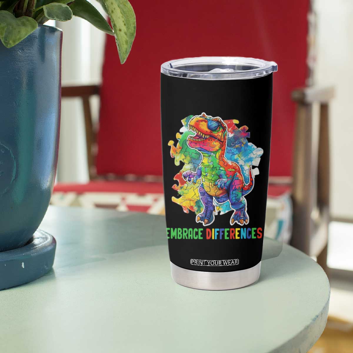 Autism Awareness Tumbler Cup Embrace Differences Puzzle Dinosaur TS09