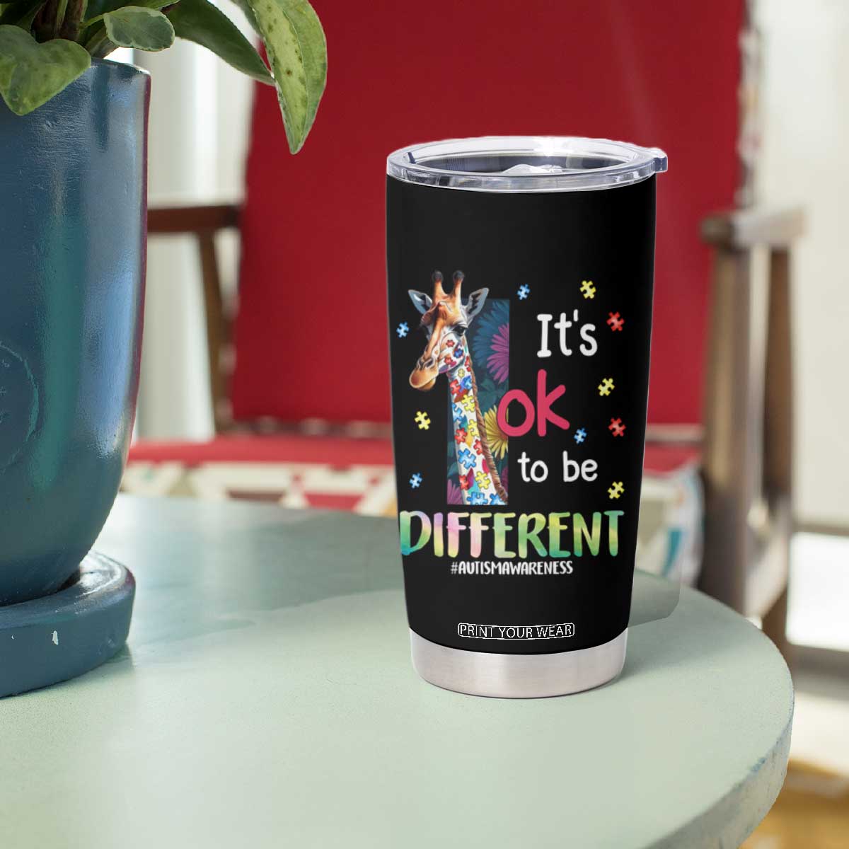 Autism Awareness Tumbler Cup It's Ok To Be Different Puzzle Giraffe TS09