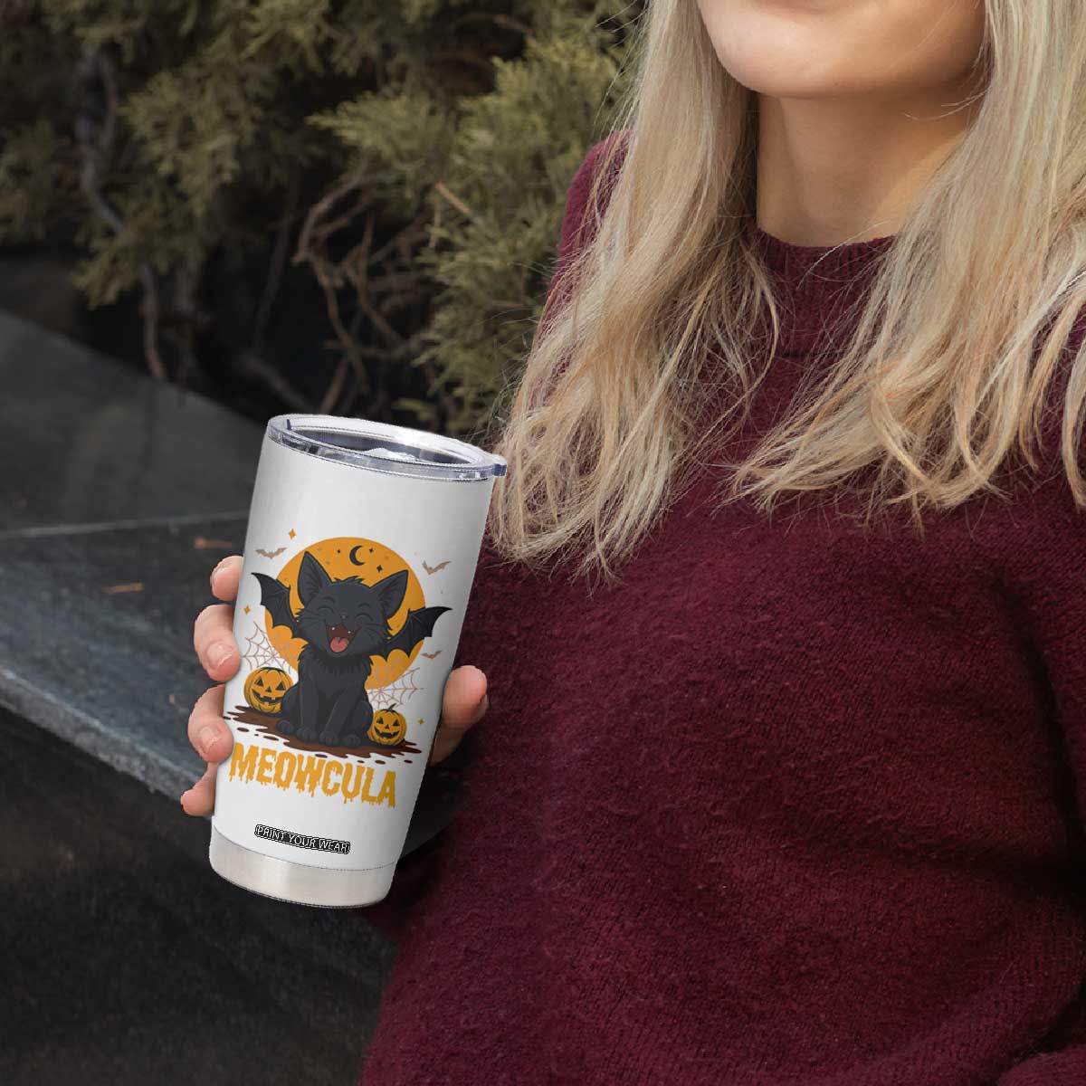 Black Cat Halloween Tumbler Cup Meowcula Cute Smilling With Bat TS12