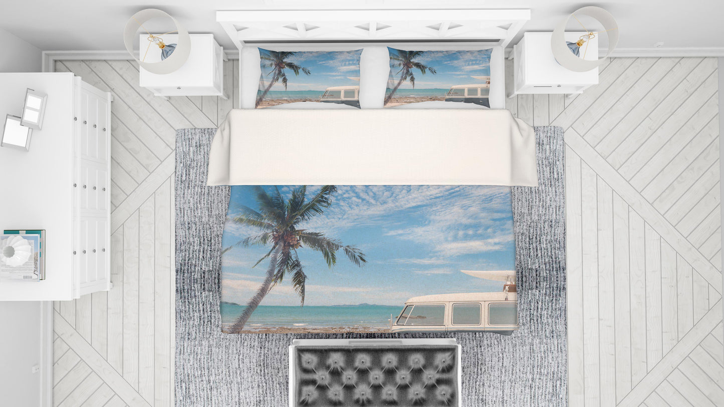 3D Blue Sea Minibus Coconut Tree Quilt Cover Set Bedding Set Pillowcases 14