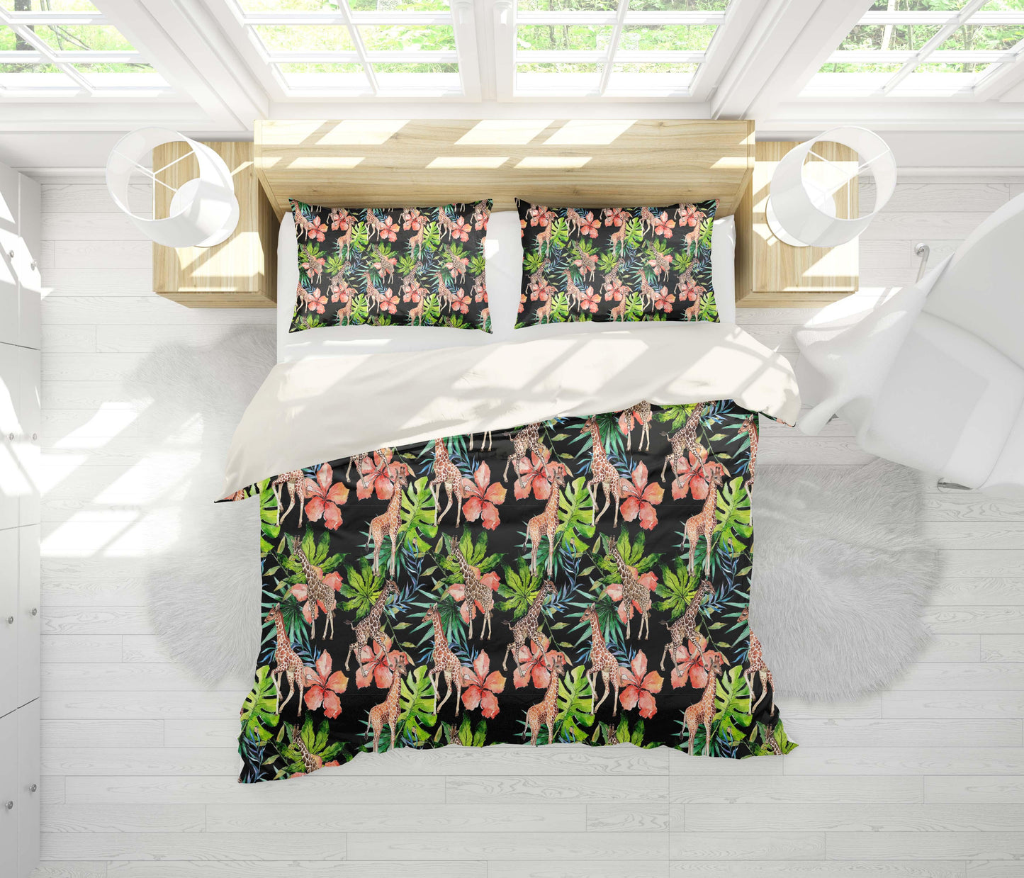 3D Black Giraffe Floral Leaves Quilt Cover Set Bedding Set Pillowcases 133