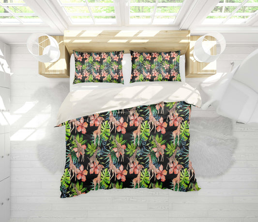 3D Black Giraffe Floral Leaves Quilt Cover Set Bedding Set Pillowcases 133