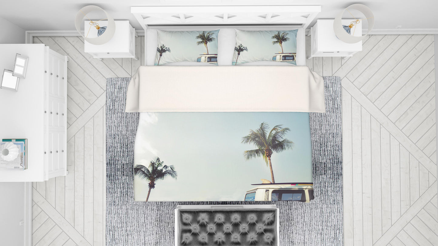 3D Blue Sea Minibus Coconut Tree Quilt Cover Set Bedding Set Pillowcases 20