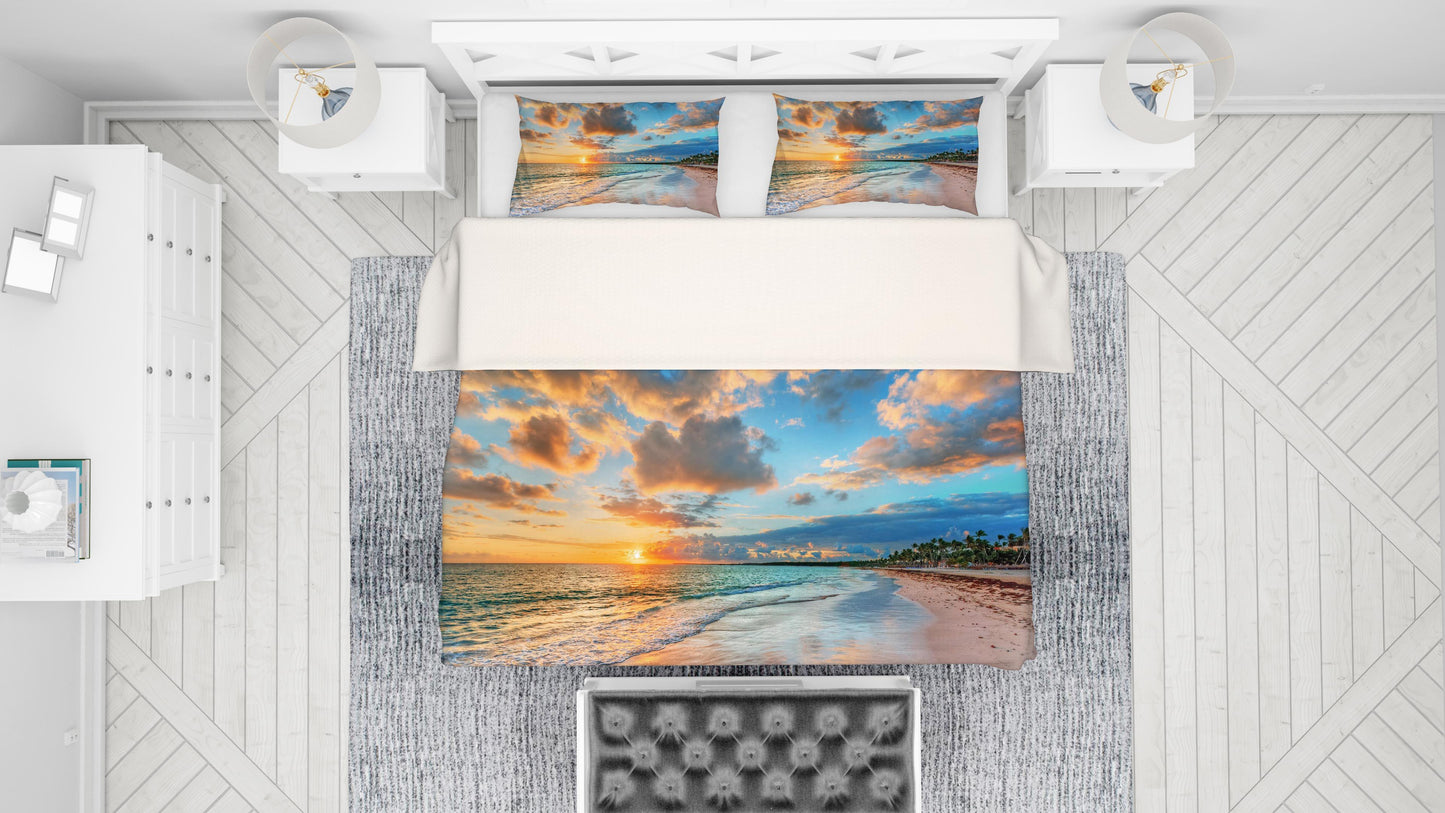 3D Blue Sea Sunset Beach Trees Quilt Cover Set Bedding Set Pillowcases 10