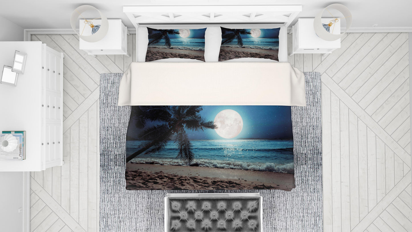 3D Blue Sea Moon Beach Tree Quilt Cover Set Bedding Set Pillowcases 33