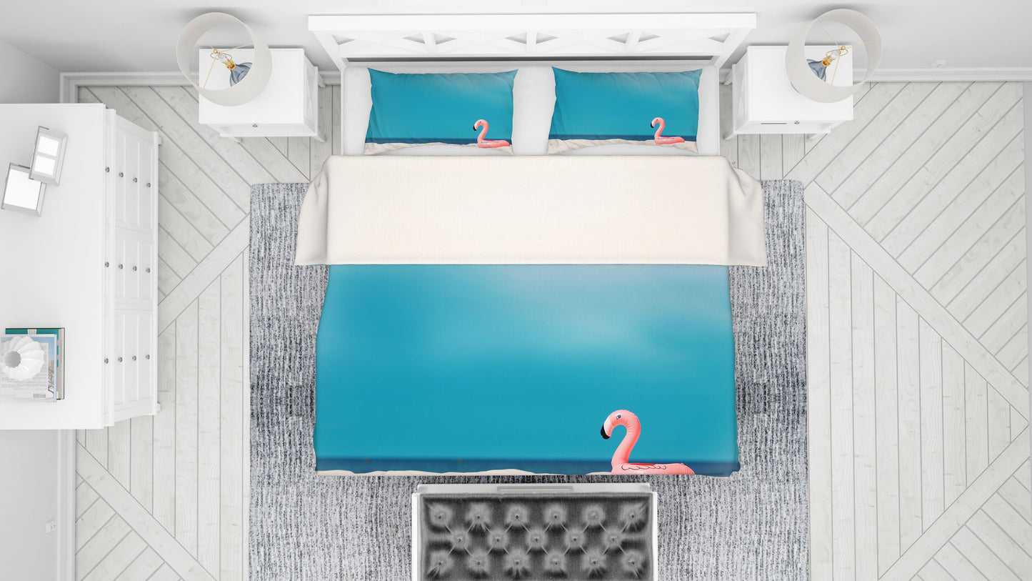 3D Blue Flamingo Lifebuoy Beach Quilt Cover Set Bedding Set Pillowcases 72