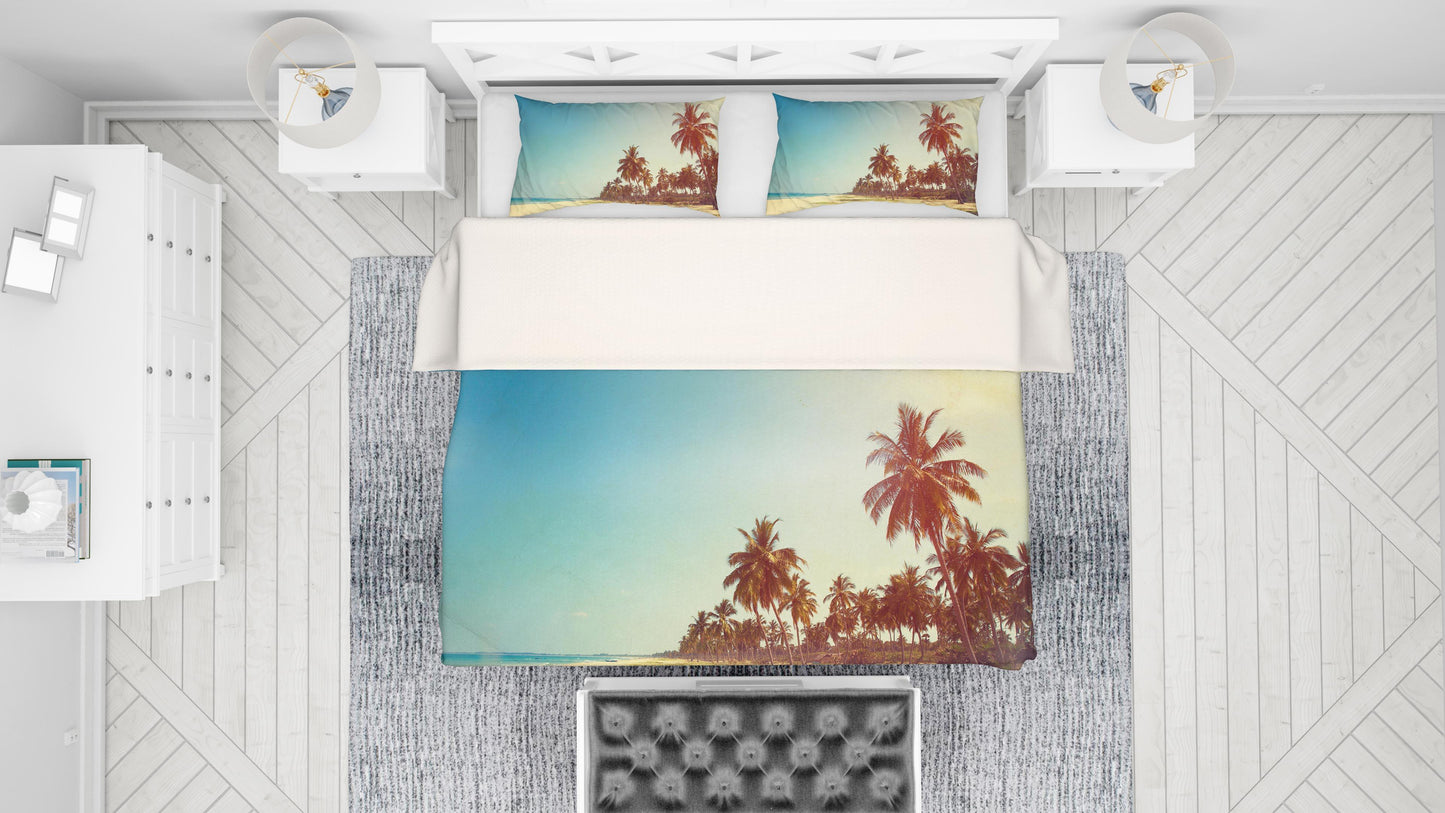 3D Blue Sea Beach Coconut Tree Quilt Cover Set Bedding Set Pillowcases 64