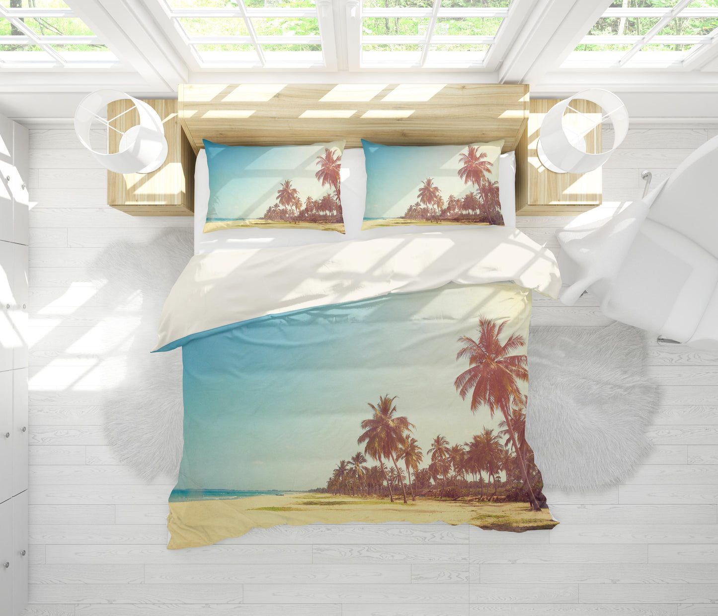 3D Blue Sea Beach Coconut Tree Quilt Cover Set Bedding Set Pillowcases 64
