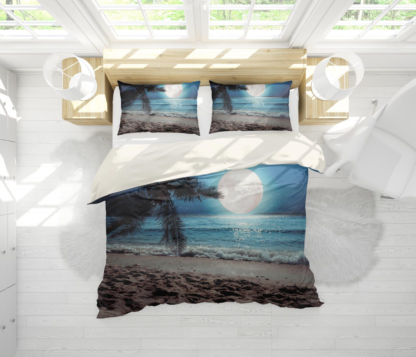 3D Blue Sea Moon Beach Tree Quilt Cover Set Bedding Set Pillowcases 33