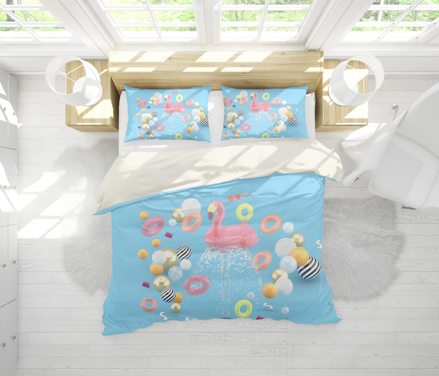3D Blue Flamingo Lifebuoy Ball Quilt Cover Set Bedding Set Pillowcases 74
