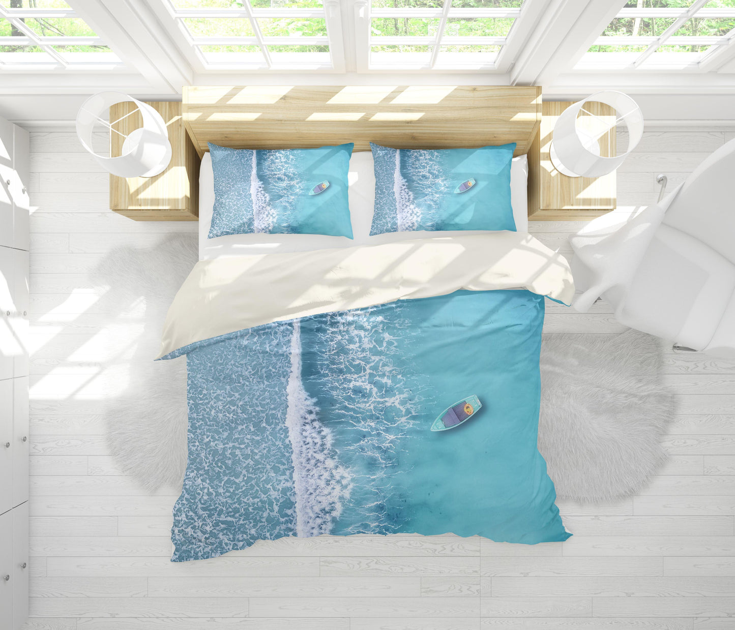 3D Blue Sea Wave Boat Quilt Cover Set Bedding Set Pillowcases 70