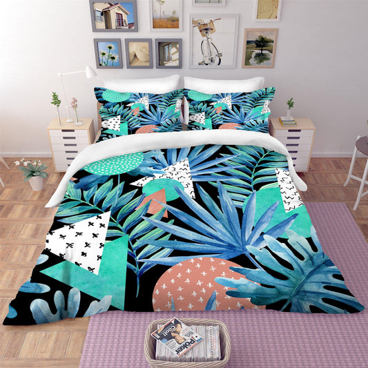 3D Blue Palm Leaves Triangle Quilt Cover Set Bedding Set Pillowcases 10