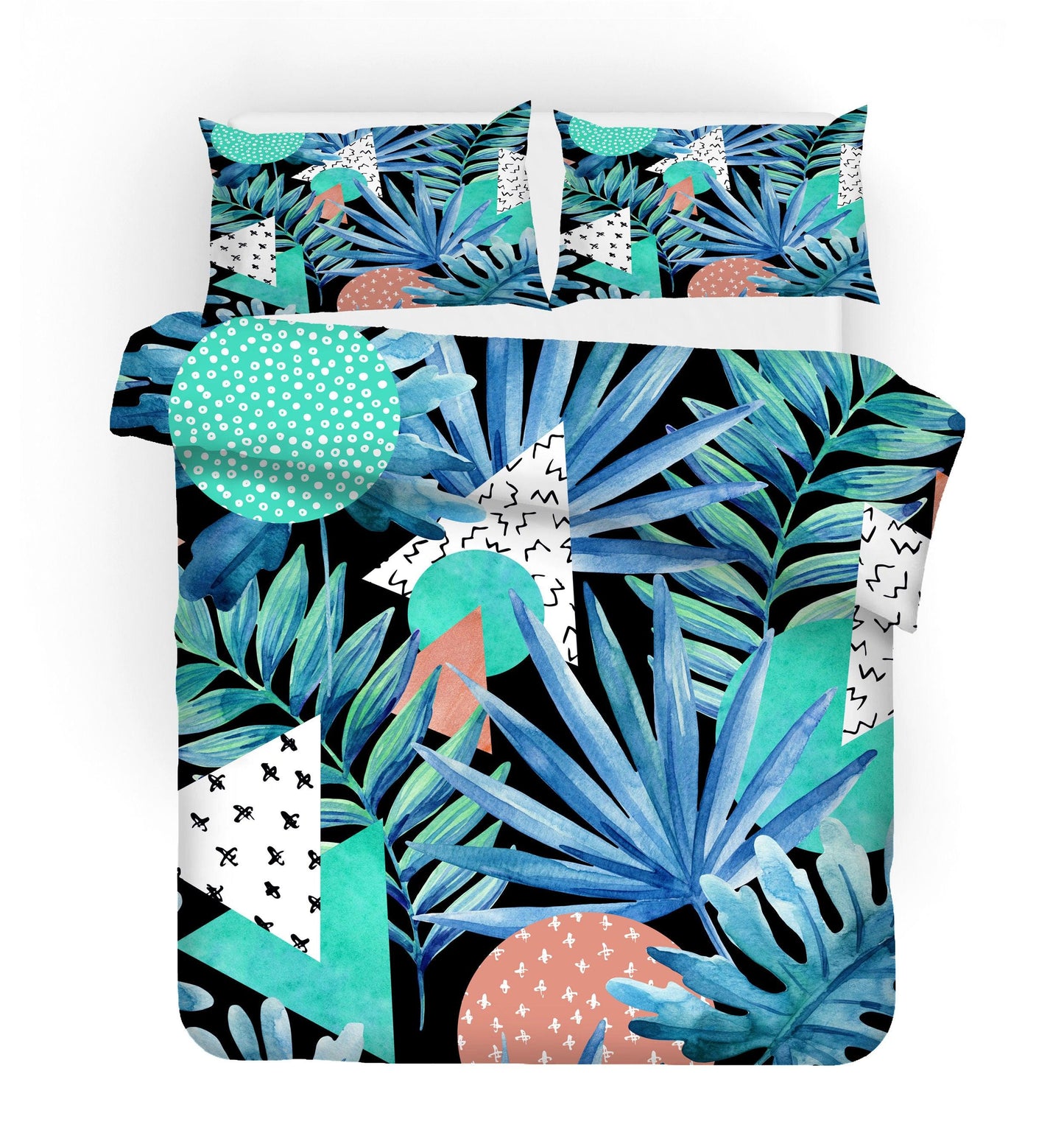 3D Blue Palm Leaves Triangle Quilt Cover Set Bedding Set Pillowcases 10