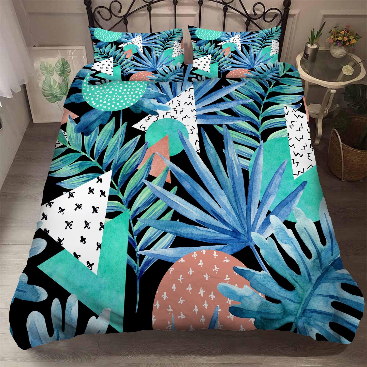 3D Blue Palm Leaves Triangle Quilt Cover Set Bedding Set Pillowcases 10