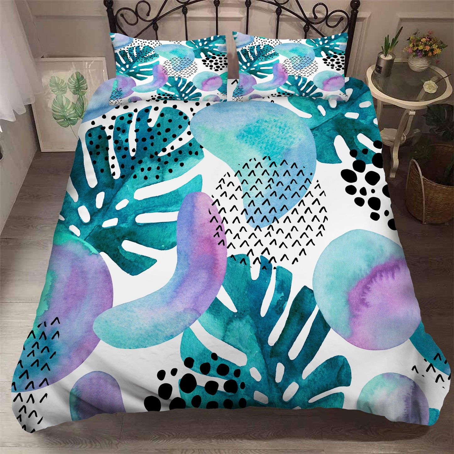 3D Blue Palm Leaves Triangle Quilt Cover Set Bedding Set Pillowcases 109