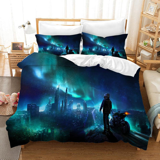 3D Blue Motorcycle City Skyscraper Sky Star Night Quilt Cover Set Bedding Set Pillowcases 87